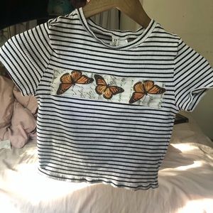 One of a Kind Butterfly B&W Stripped Crop Top